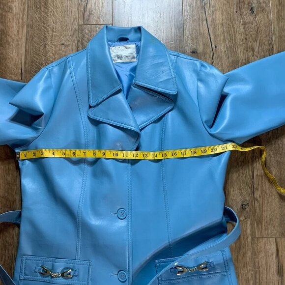 Vintage 60s 70s Faux Leather Trench Coat Belted Light Blue Overcoat - Picture 13 of 16